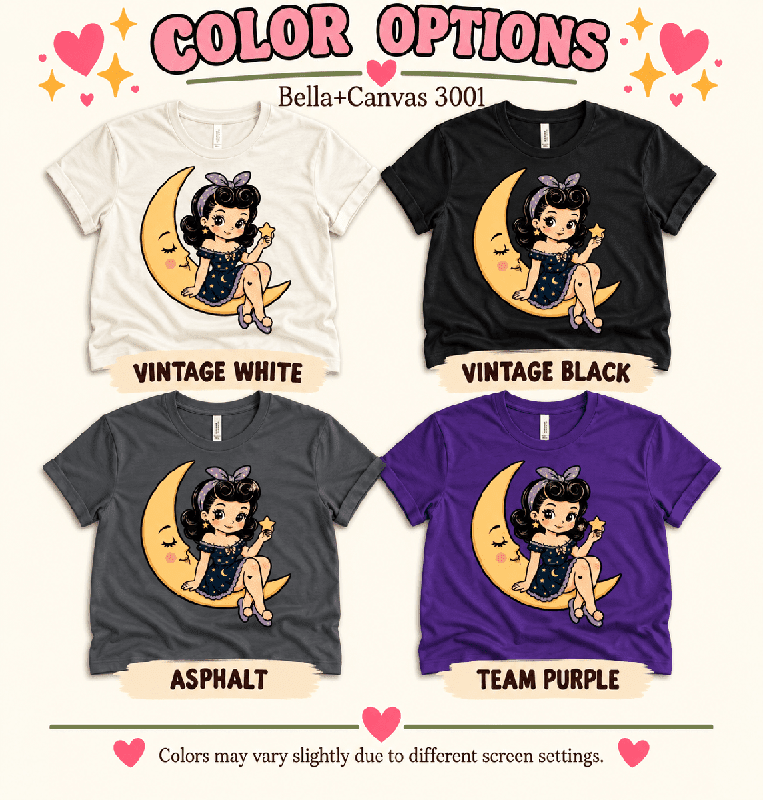 Moonlight Millie Premium T-Shirt color chart: Vintage White, Vintage Black, Asphalt, Team Purple
