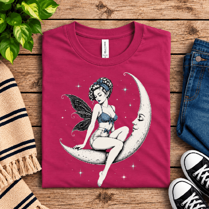 Moonlit Fairy Premium T-Shirt in berry, folded close-up with neck tag showing