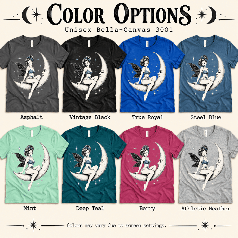 Moonlit Fairy Premium T-Shirt color chart: Asphalt, Vintage Black, True Royal, Steel Blue, Mint, Deep Teal, Berry, Athletic Heather