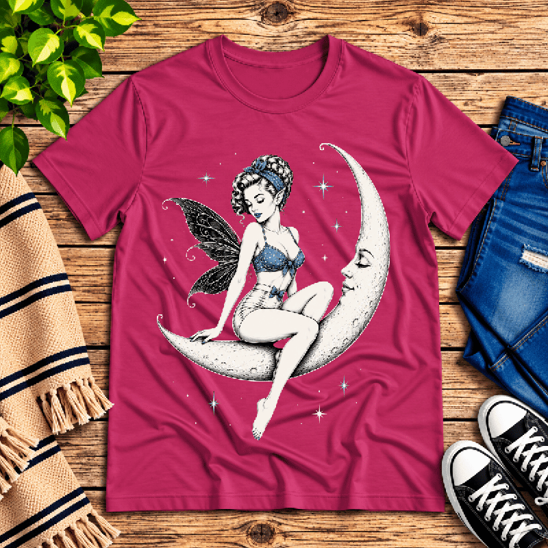 Moonlit Fairy Premium T-Shirt in berry, flat lay with fairy sitting on a crescent moon graphic
