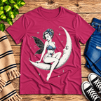 Moonlit Fairy Premium T-Shirt in berry, flat lay with fairy sitting on a crescent moon graphic