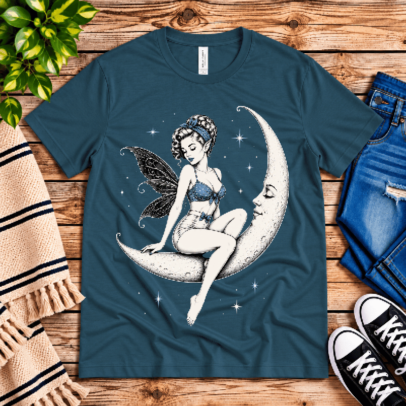 Moonlit Fairy Premium T-Shirt in deep teal, flat lay with neck tag showing