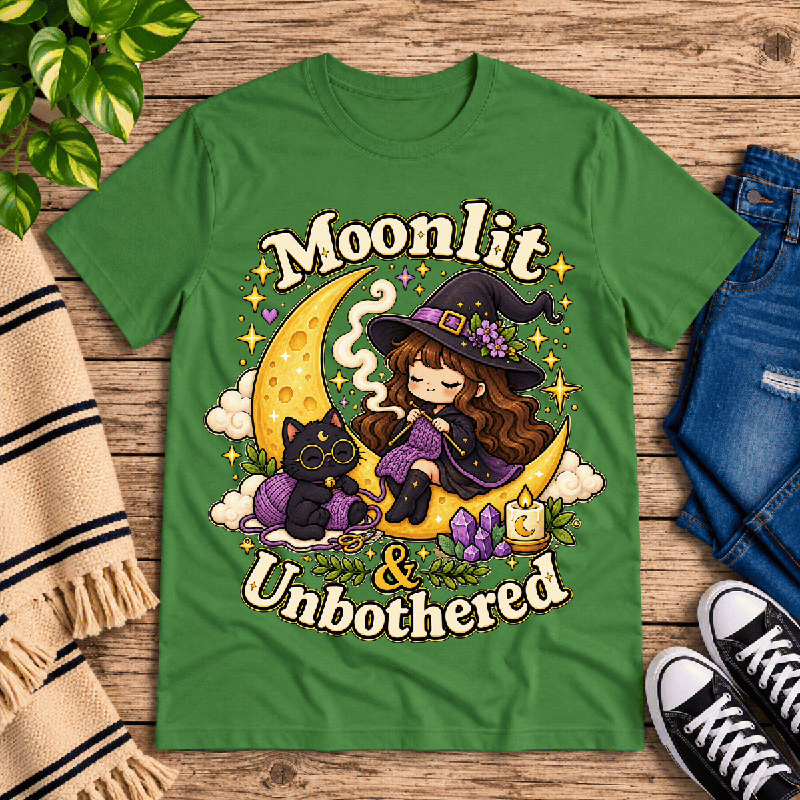 Moonlit & Unbothered Premium T-Shirt in leaf green, flat lay