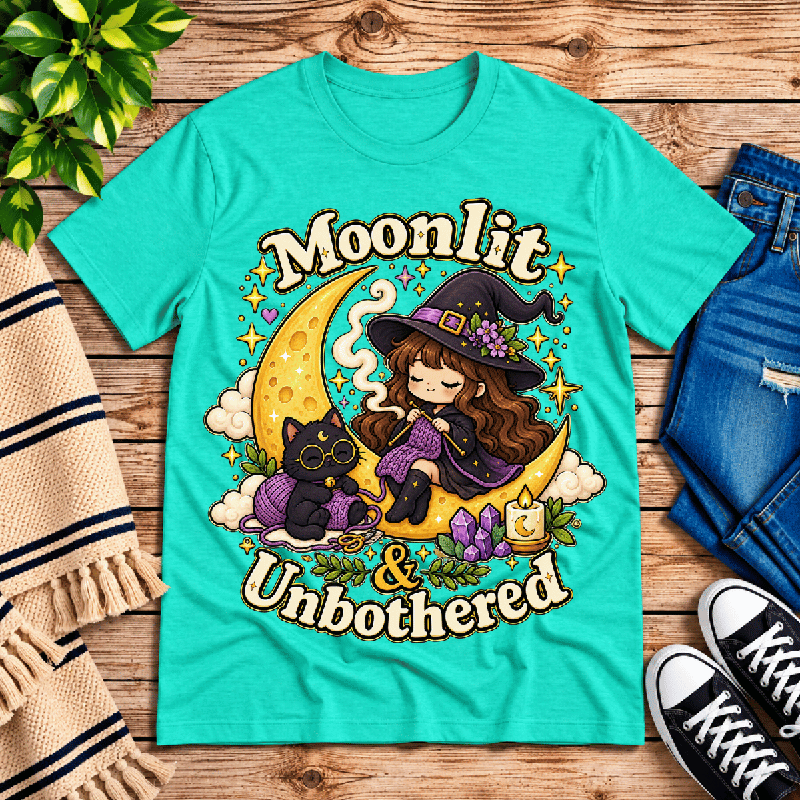Moonlit & Unbothered Premium T-Shirt in heather sea green, flat lay