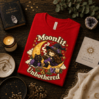 Moonlit & Unbothered Premium T-Shirt in red, folded close-up styled with a candle, book, and crystals