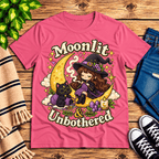 Moonlit & Unbothered Premium T-Shirt in charity pink, flat lay