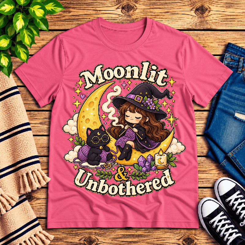Moonlit & Unbothered Premium T-Shirt in charity pink, flat lay