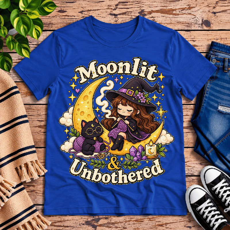 Moonlit & Unbothered Premium T-Shirt in true royal blue, flat lay