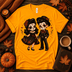 Mr. & Mrs. Premium T-Shirt in gold, flat lay with Day of the Dead-style couple graphic