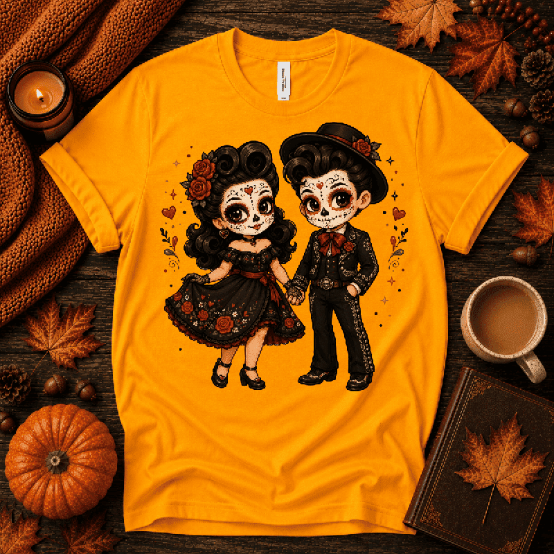 Mr. & Mrs. Premium T-Shirt in gold, flat lay with Day of the Dead-style couple graphic