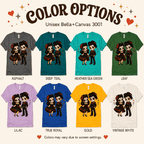 Mr. & Mrs. Premium T-Shirt color chart: Asphalt, Deep Teal, Heather Sea Green, Leaf, Lilac, True Royal, Gold, Vintage White