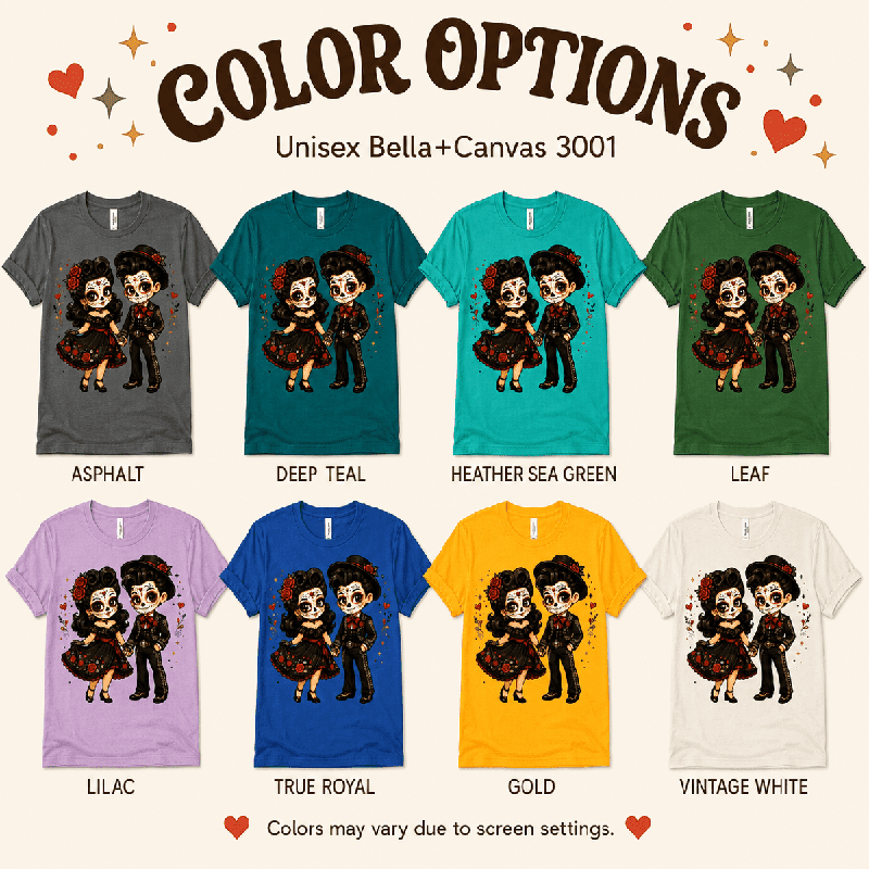 Mr. & Mrs. Premium T-Shirt color chart: Asphalt, Deep Teal, Heather Sea Green, Leaf, Lilac, True Royal, Gold, Vintage White