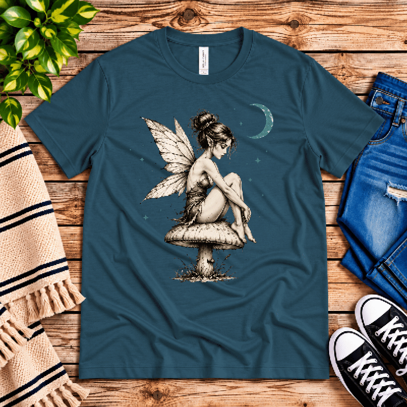 Mushroom Fairy Premium T-Shirt in deep teal, flat lay with neck tag showing