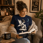 Woman reading a book, wearing the Mushroom Fairy Premium T-Shirt in navy