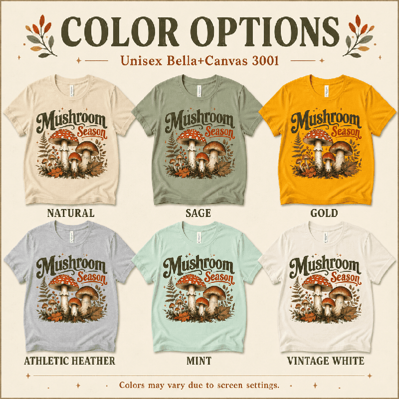 Mushroom Season Premium T-Shirt color chart: Natural, Sage, Gold, Athletic Heather, Mint, Vintage White