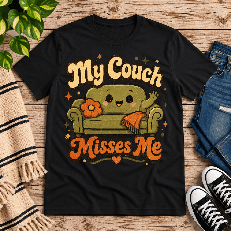 My Couch Misses Me Premium T-Shirt in vintage black, flat lay