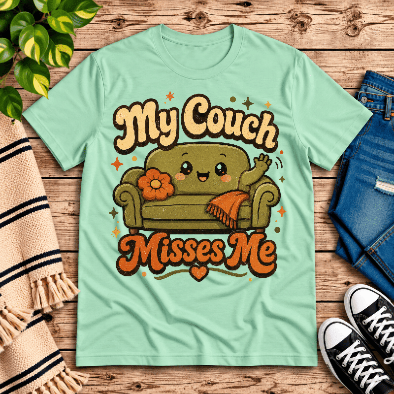 My Couch Misses Me Premium T-Shirt in mint, flat lay