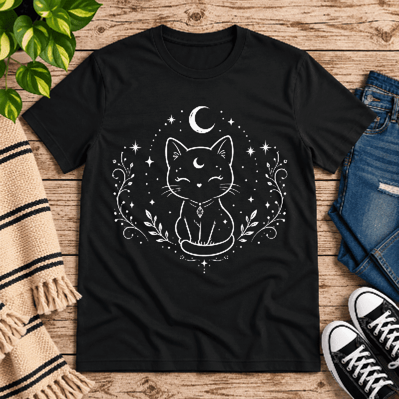 Mystical Cat Premium T-Shirt in vintage black, flat lay