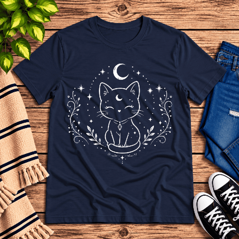 Mystical Cat Premium T-Shirt in navy, flat lay