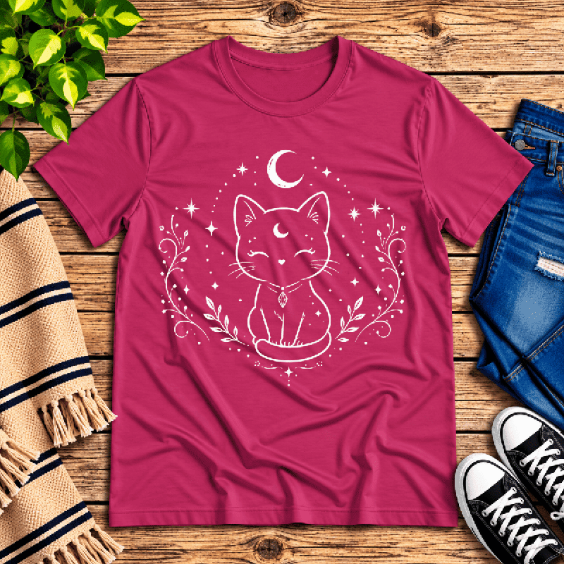 Mystical Cat Premium T-Shirt in berry, flat lay