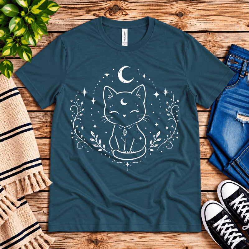 Mystical Cat Premium T-Shirt in deep teal, flat lay with white line-art mystical cat and crescent moon graphic