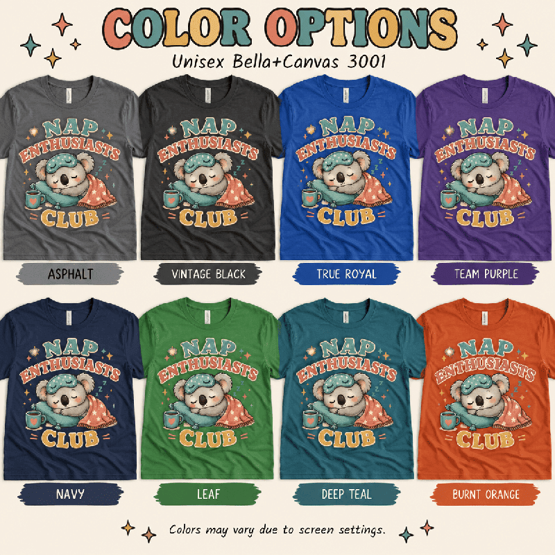 Nap Enthusiasts Club Premium T-Shirt color chart: Asphalt, Vintage Black, True Royal, Team Purple, Navy, Leaf, Deep Teal, Burnt Orange