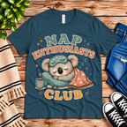 Nap Enthusiasts Club Premium T-Shirt in deep teal, flat lay with neck tag showing