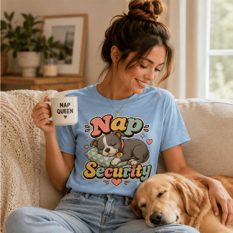 Woman holding a "Nap Queen" mug beside a sleeping dog, wearing the Nap Security Premium T-Shirt in baby blue