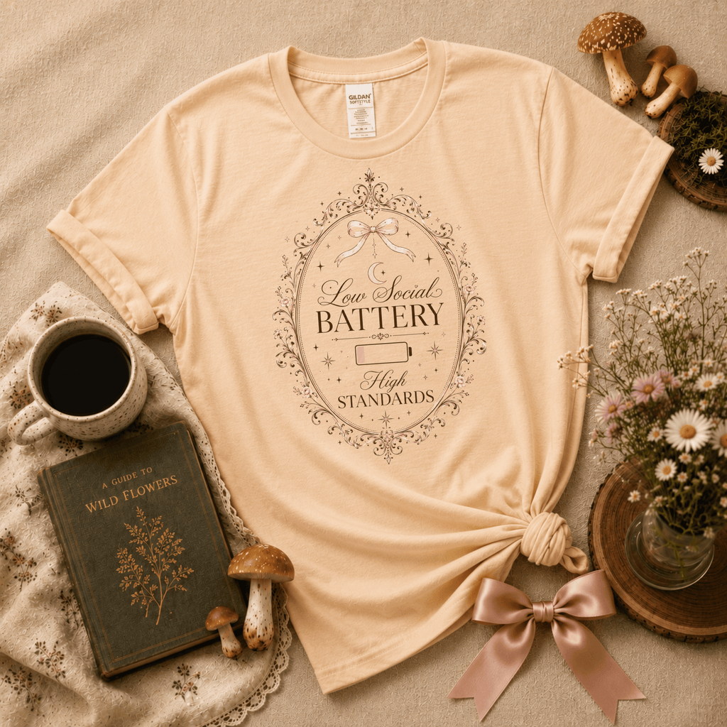 High Standards introvert graphic t-shirt cozy flat lay in natural.