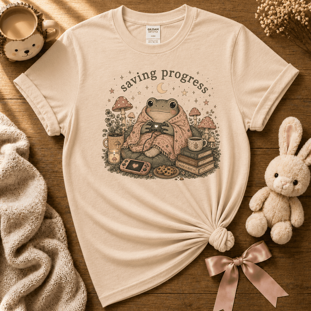Saving Progress cute animal graphic t-shirt displayed in a cozy flat lay in natural.