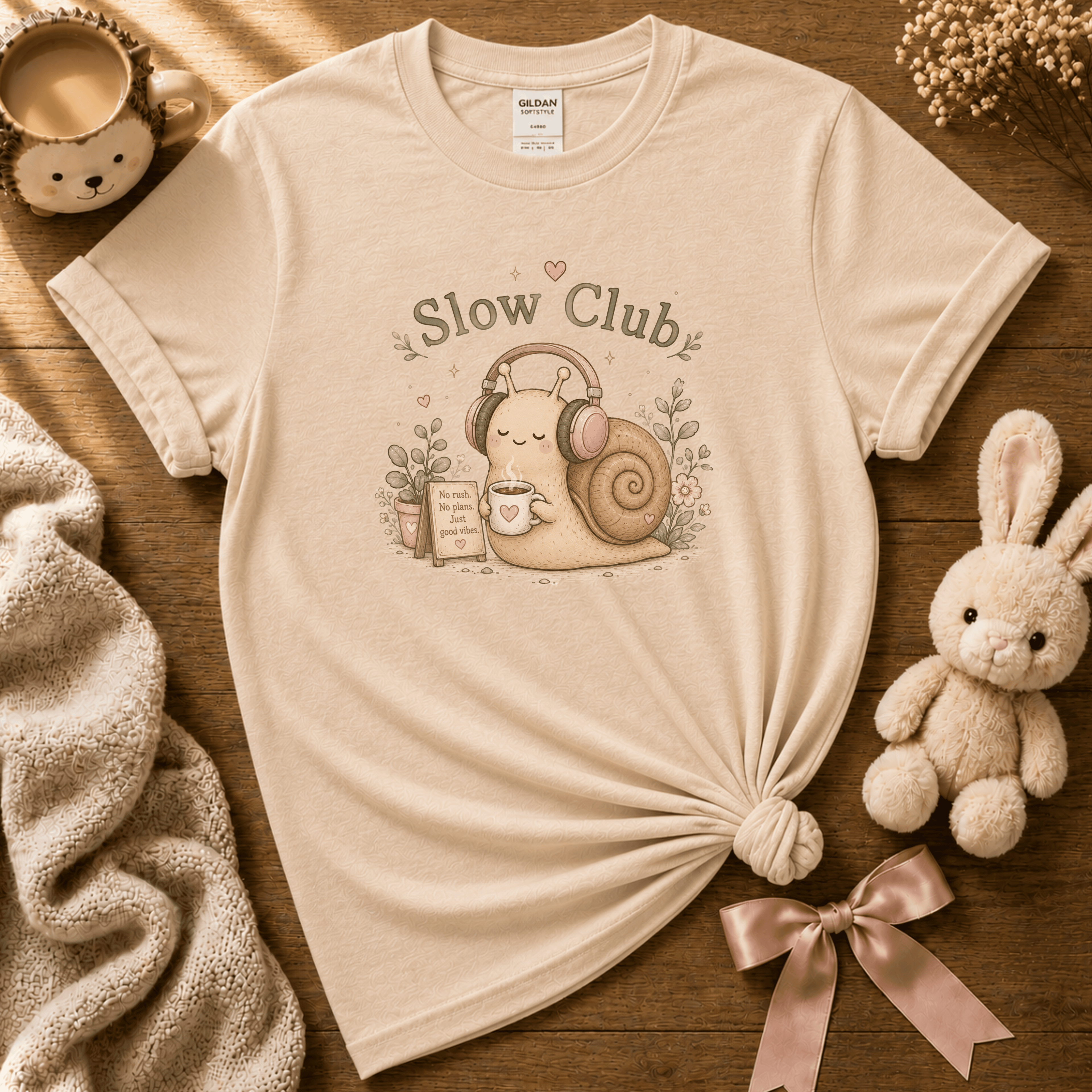 Slow Club cute animal graphic t-shirt cozy flat lay in natural.