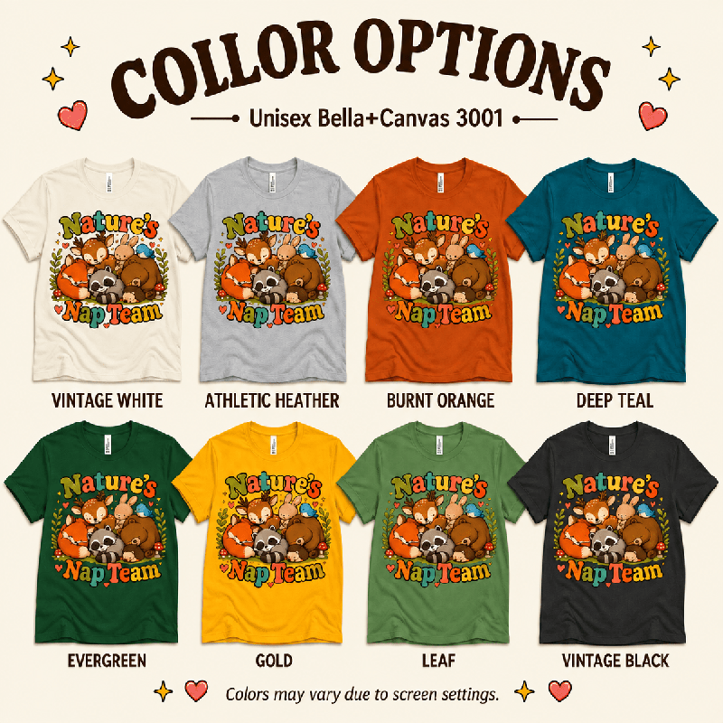 Nature's Nap Team Premium T-Shirt color chart: Vintage White, Athletic Heather, Burnt Orange, Deep Teal, Evergreen, Gold, Leaf, Vintage Black