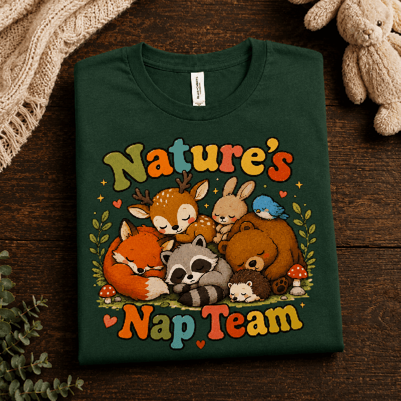Nature's Nap Team Premium T-Shirt in evergreen, folded close-up
