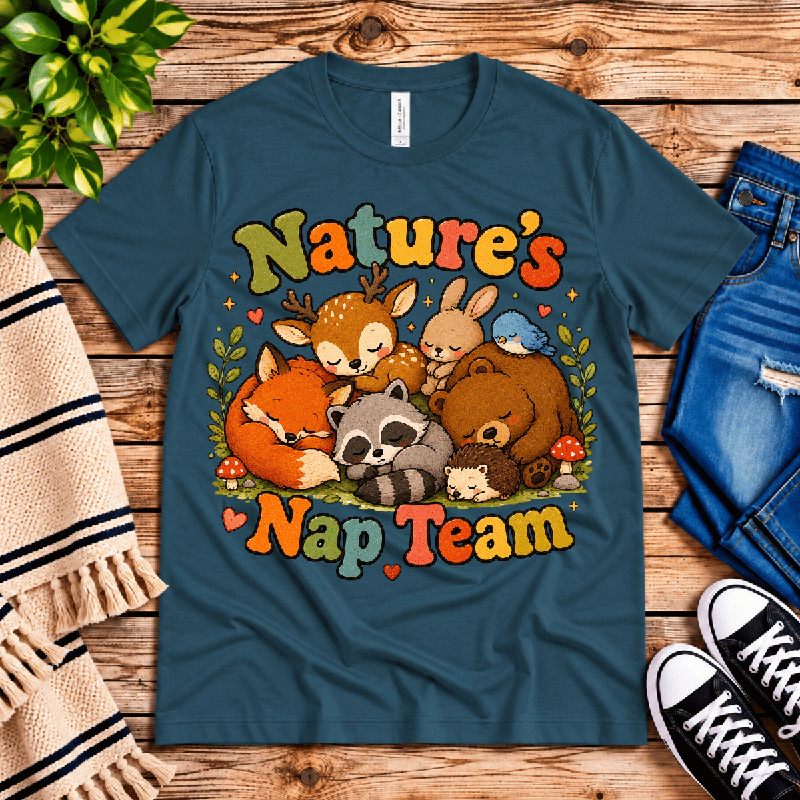 Nature's Nap Team Premium T-Shirt in deep teal, flat lay