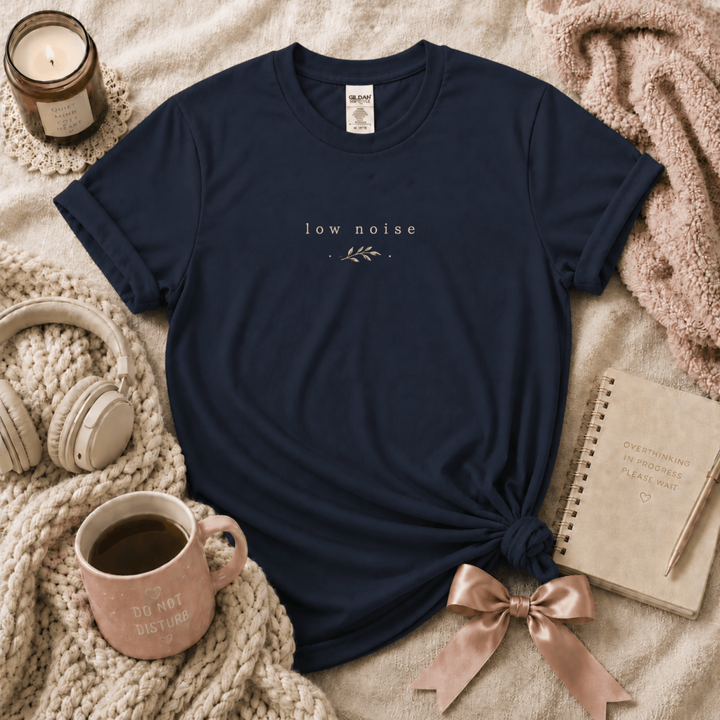 Low Noise introvert graphic t-shirt cozy flat lay in navy.