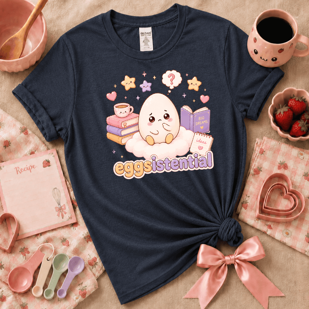 Eggsistential Kawaii graphic t-shirt cozy flat lay in navy.