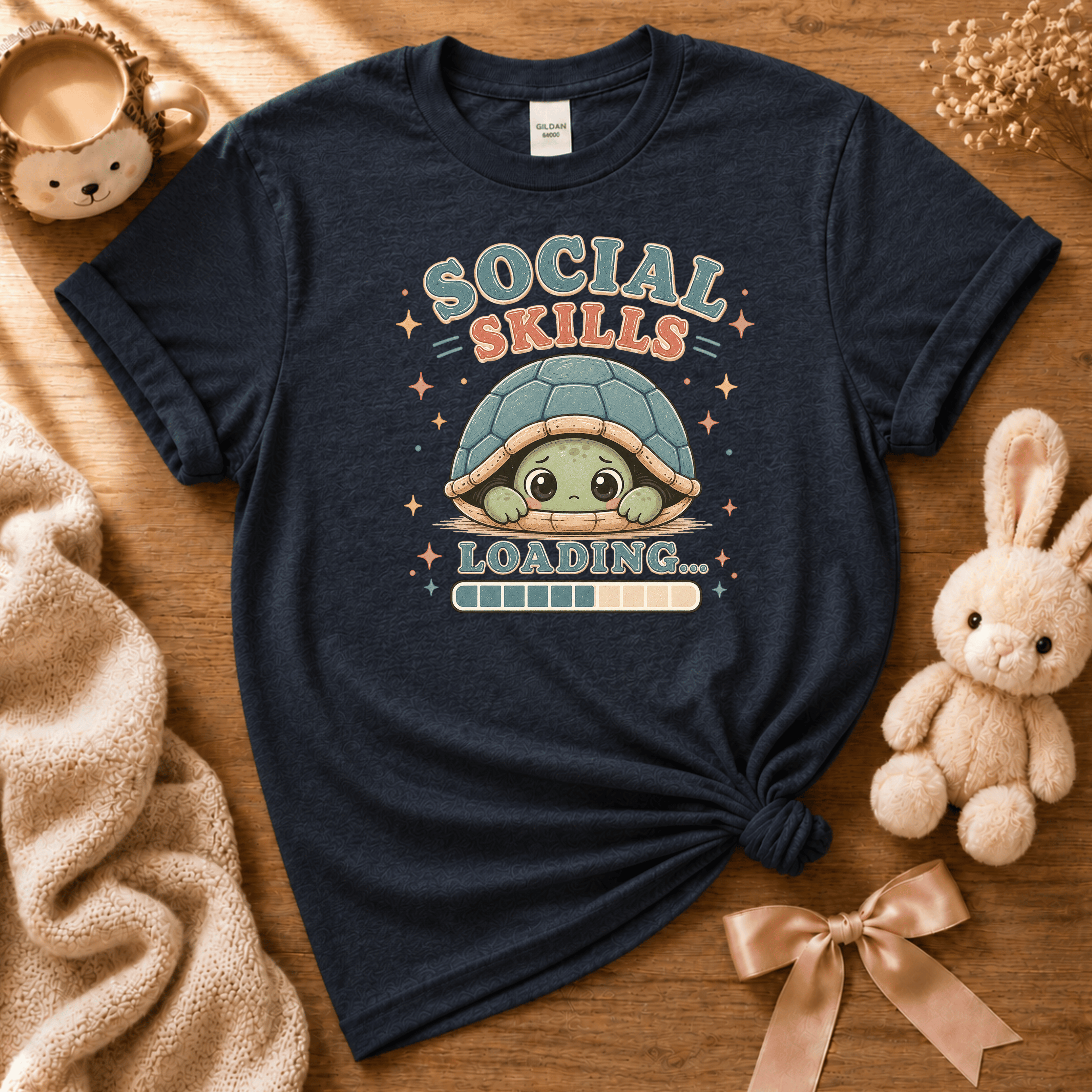 Social Skills cute animal graphic t-shirt cozy flat lay in navy.