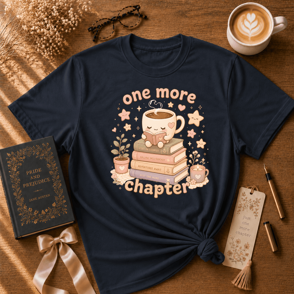 One More Chapter book lover graphic t-shirt displayed in a cozy flat lay in navy.