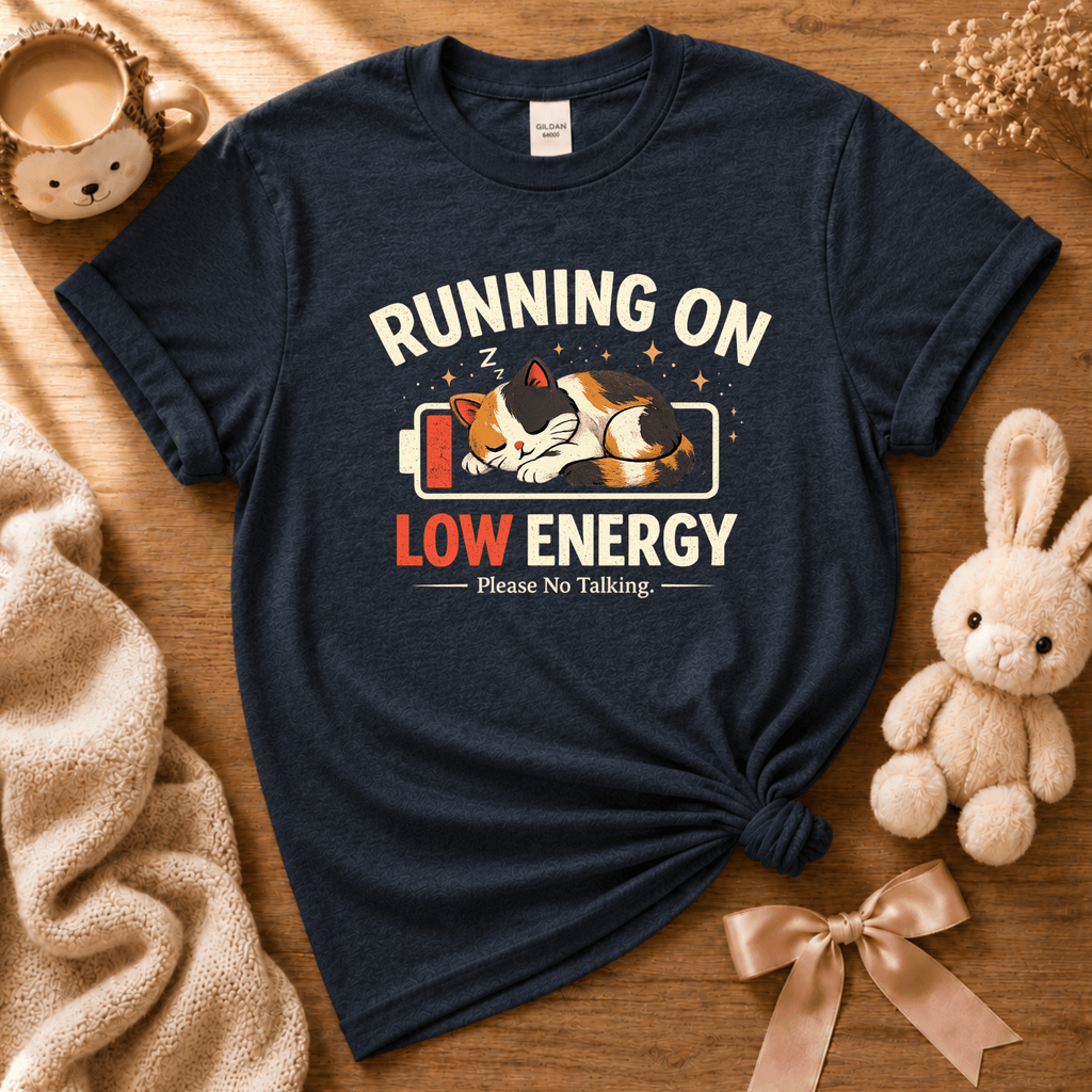 Running on Low Energy cute animal graphic t-shirt displayed in a cozy flat lay in navy.