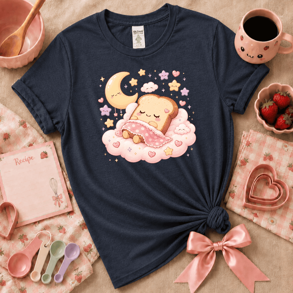 Sleeping toast Kawaii graphic t-shirt cozy flat lay in navy.