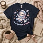 I'd Rather Be In Space introvert graphic t-shirt cozy flat lay in navy.