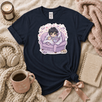 Happy Where I Am introvert graphic t-shirt cozy flat lay in navy.