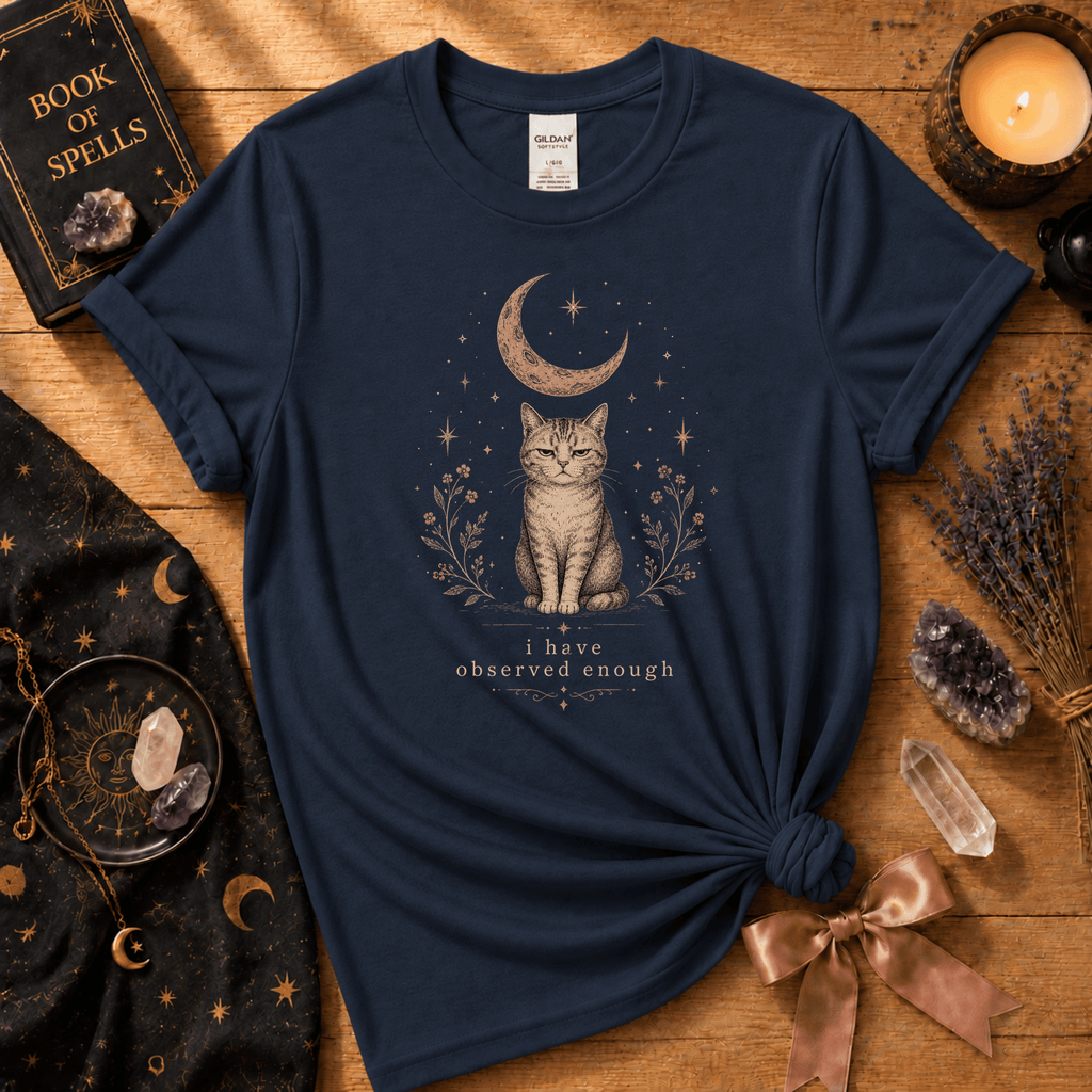Observed Enough introvert graphic t-shirt cozy flat lay in navy.
