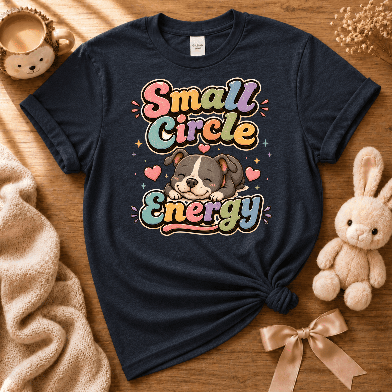 Small circle Energy cute animal graphic t-shirt cozy flat lay in navy.