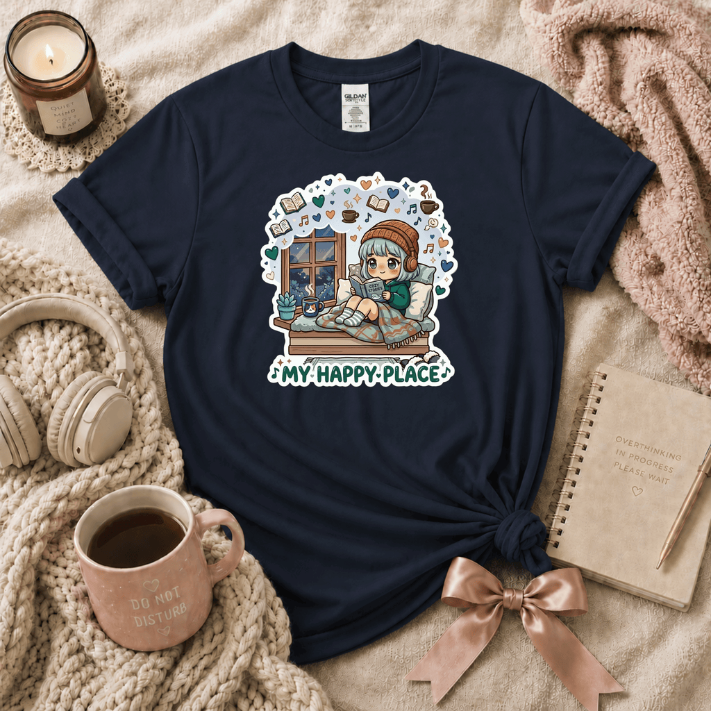My Happy Place introvert graphic t-shirt cozy flat lay in navy.