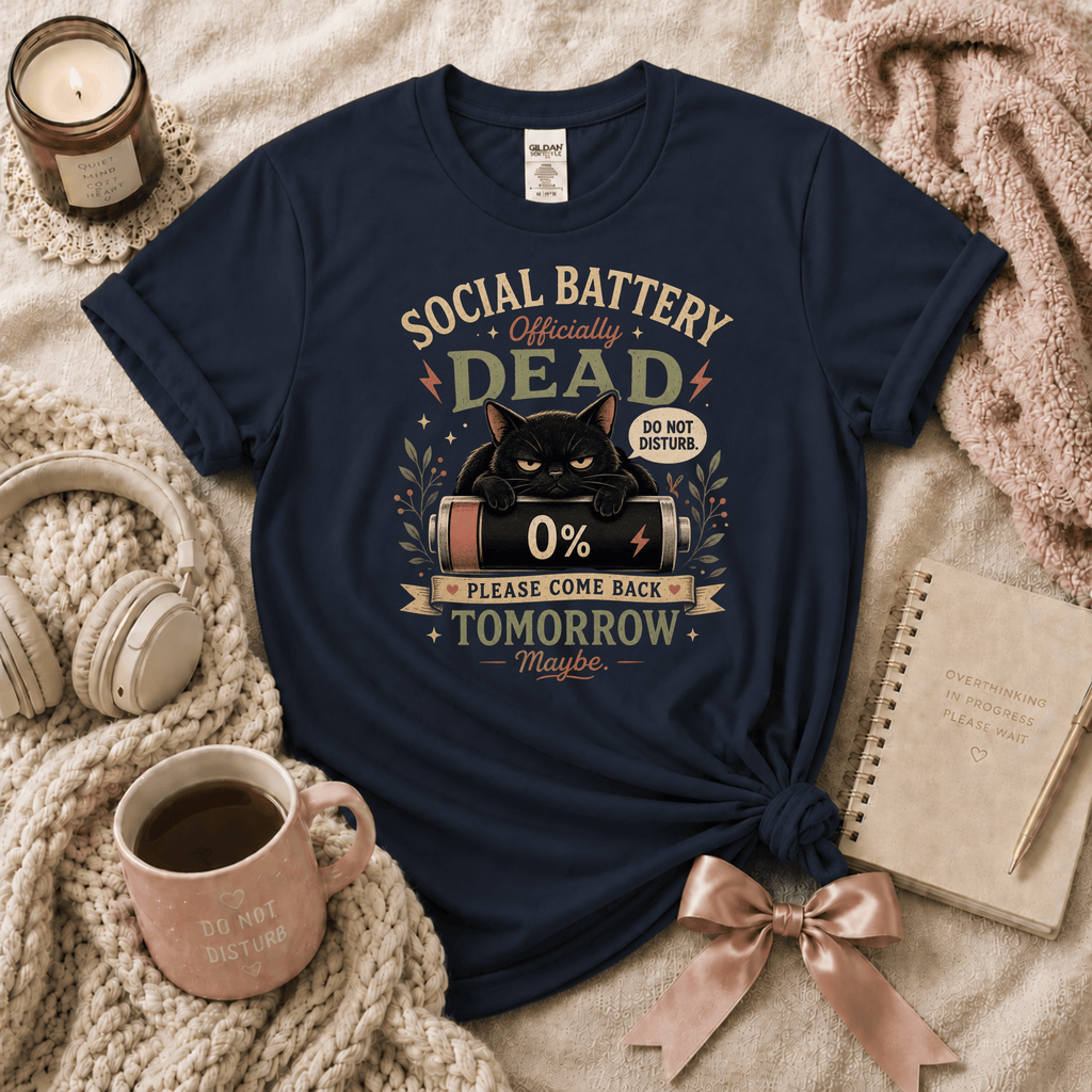 Social Battery Dead introvert graphic t-shirt in Navy flat lay.