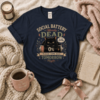 Social Battery Dead introvert graphic t-shirt in Navy flat lay.