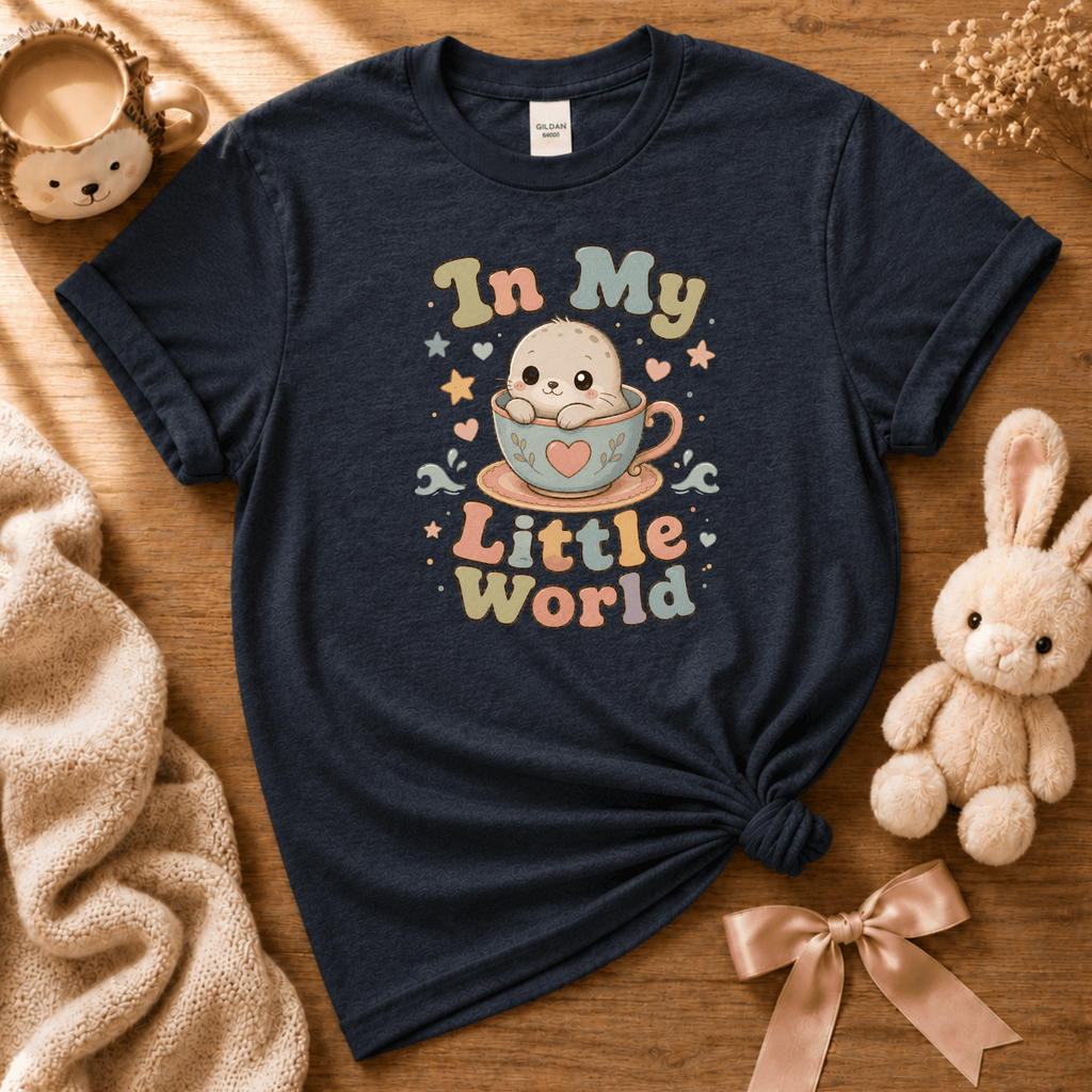 In My Little World cute animal graphic t-shirt cozy flat lay in navy.