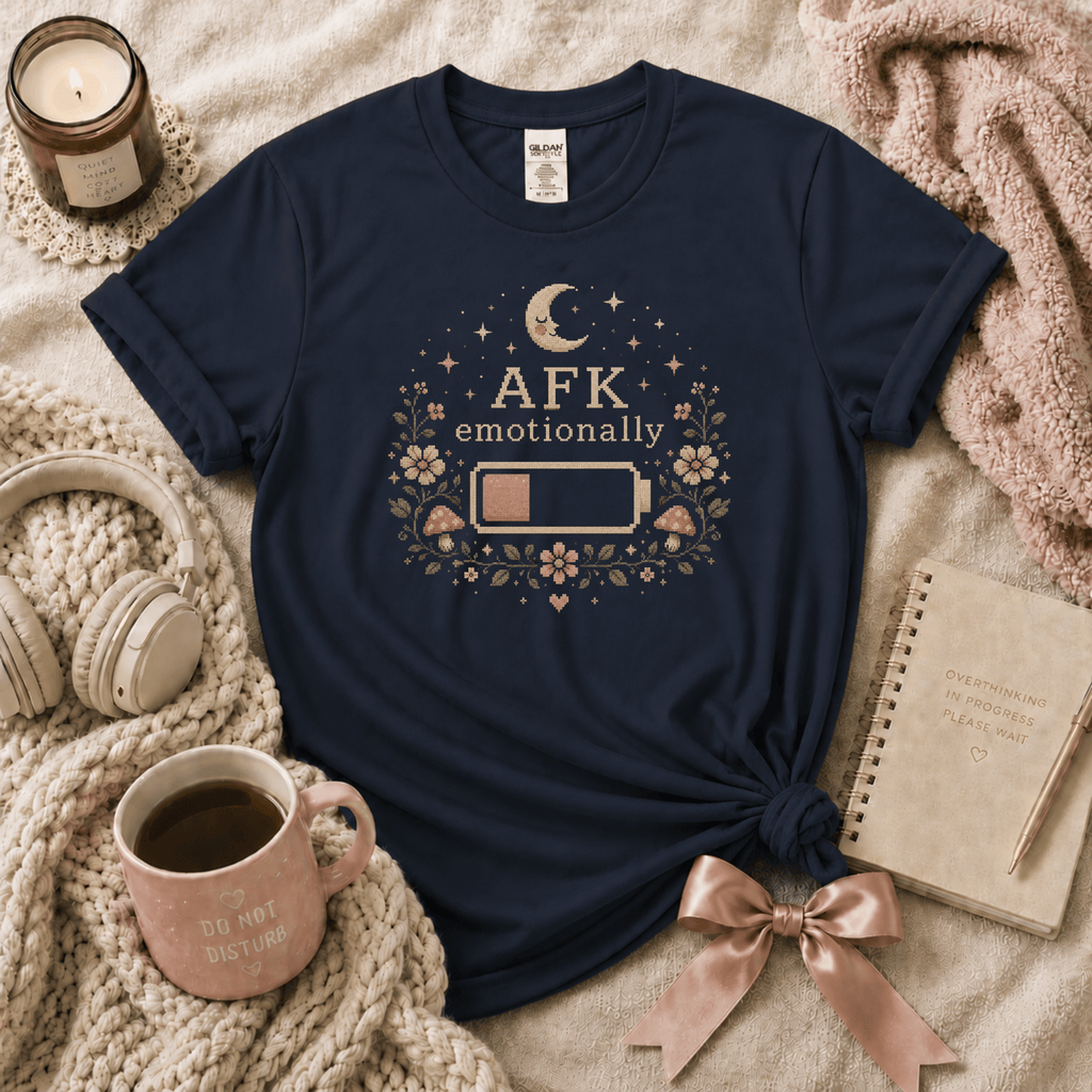 AFK introvert graphic t-shirt cozy flat lay in navy.