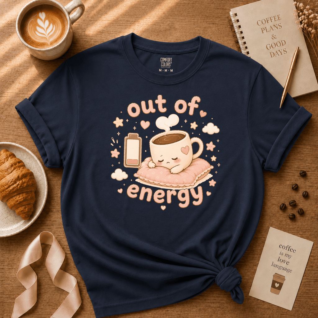 Out of Energy coffee lover graphic t-shirt cozy flat lay in navy.